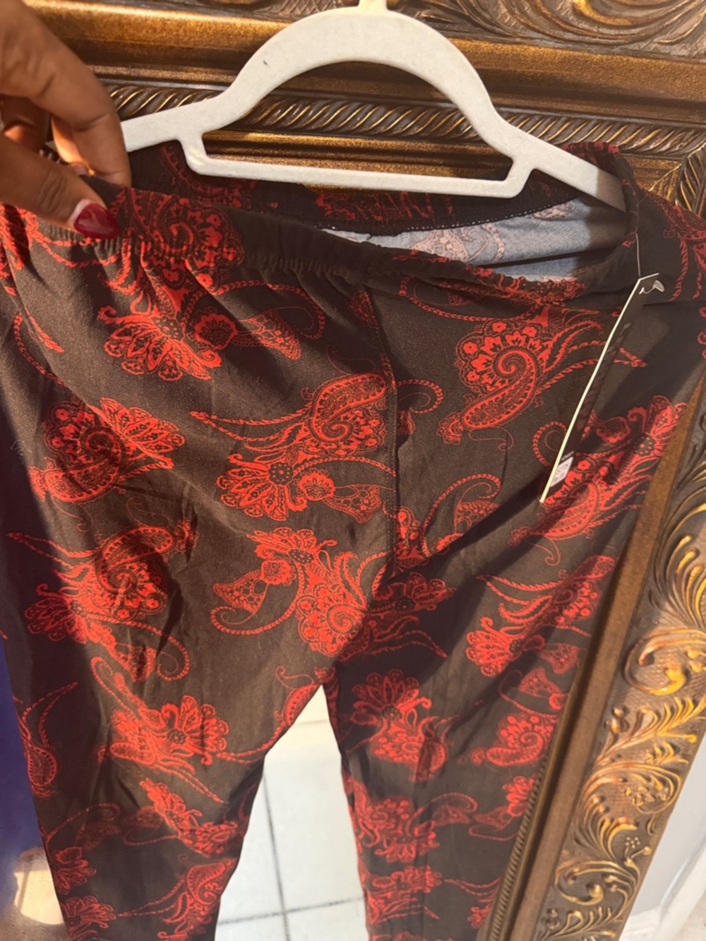 LuLaRoe Black Leggings with Red Paisley Print